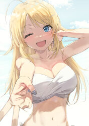Rule 34 | 1girl, ;d, absurdres, adjusting hair, ahoge, arm up, armpits, bare arms, bare shoulders, bikini, blonde hair, blue eyes, blue sky, blush, breasts, cleavage, cloud, collarbone, commentary request, day, dot nose, foreshortening, grey nails, gyaru v, hachimiya meguru, hair flaps, hair ornament, hairclip, hand in own hair, hand up, highres, idolmaster, idolmaster shiny colors, large breasts, long hair, looking at viewer, misaki nonaka, nail polish, navel, ocean, one eye closed, open mouth, outdoors, parted bangs, raised eyebrows, sidelocks, sky, smile, solo, stomach, strapless, strapless bikini, swimsuit, teeth, thick eyelashes, upper body, upper teeth only, v, wet, white bikini
