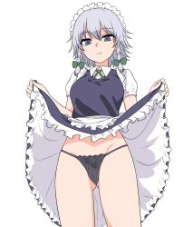 Rule 34 | 1girl, apron, bare arms, black panties, blue eyes, blue vest, bow, braid, cameltoe, clothes lift, commentary, expressionless, frills, frown, gluteal fold, green bow, grey hair, groin, hair between eyes, hair bow, highres, izayoi sakuya, lifting own clothes, looking at viewer, maid, maid headdress, medium hair, miyo (ranthath), panties, short sleeves, skirt, skirt lift, solo, split mouth, thighs, touhou, twin braids, underwear, vest, waist apron, wing collar