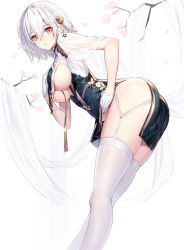 Rule 34 | 1girl, ass, azur lane, black dress, braid, branch, breast curtains, breasts, closed mouth, commentary request, dress, flower, from side, garter straps, gloves, hair between eyes, hair flower, hair ornament, half gloves, hand on own hip, highres, large breasts, leaning forward, looking at viewer, looking to the side, official alternate costume, red eyes, ririko (zhuoyandesailaer), rose, see-through, sideboob, sirius (azur lane), sirius (azure horizons) (azur lane), solo, standing, thighhighs, white gloves, white hair, white thighhighs, yellow flower, yellow rose