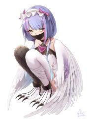 Rule 34 | 1girl, absurdres, alternate costume, anklet, black legwear, breasts, chinese commentary, clover theater, commentary request, feathered wings, feathers, harpy, highres, jewelry, mask, medium breasts, monster girl, mouth mask, purple hair, sandway (clover theater), simple background, solo, squatting, talons, white background, white feathers, white legwear, white wings, winged arms, wings, xueci, yellow eyes