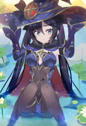Rule 34 | 1girl, absurdres, black hair, bodystocking, bow, breasts, capelet, cleavage, commentary request, detached sleeves, elbow gloves, flower, genshin impact, gloves, grey eyes, hair between eyes, hands on headwear, hat, hat bow, hat ornament, highres, in water, knees together feet apart, lily pad, long hair, looking at viewer, matsumoto tomoyohi, medium breasts, mona (genshin impact), navel, pantyhose, rock, sitting, solo, translucent, twintails, water drop, wide sleeves, witch hat