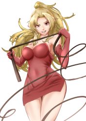 Rule 34 | 1girl, absurdres, armpits, bare shoulders, blonde hair, breasts, cleavage, collarbone, commentary request, dress, elbow gloves, gloves, hair intakes, highres, holding, large breasts, long hair, looking at viewer, oregano (olgn eao), pointy ears, ponytail, red dress, red gloves, short dress, shynesslady, simple background, smile, solo, star ocean, star ocean the second story, strapless, thighs, very long hair, white background