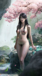 Rule 34 | 1girl, absurdres, black hair, blurry, breasts, cherry blossoms, unworn clothes, completely nude, day, depth of field, dripping, earrings, expressionless, falling petals, fangfu kandaole yuzhou, female pubic hair, green eyes, groin, highres, jewelry, lips, long hair, looking at viewer, medium breasts, nature, navel, necklace, nipples, nose, nude, original, outdoors, parted bangs, pendant, petals, pubic hair, realistic, rock, short sword, solo, standing, sword, tree, weapon, wet