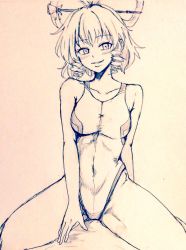 Rule 34 | 1girl, breasts, commentary request, competition swimsuit, covered navel, d-m (dii emu), eyelashes, greyscale, hair ornament, hair rings, hair stick, kaku seiga, looking at viewer, medium breasts, monochrome, one-piece swimsuit, sitting, swimsuit, touhou, traditional media, wariza