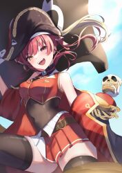 Rule 34 | 1girl, absurdres, belt, black coat, black thighhighs, breasts, brown belt, coat, covered navel, cropped jacket, cup, dokuro-kun (houshou marine), hair ribbon, hat, heterochromia, highres, holding, holding cup, hololive, houshou marine, houshou marine (1st costume), jacket, jolly roger, large breasts, leather belt, leotard, leotard under clothes, looking at viewer, miniskirt, open mouth, pirate hat, pleated skirt, red coat, red eyes, red hair, red jacket, red ribbon, red skirt, ribbon, scarf (50464982), skirt, sleeveless, sleeveless jacket, smile, solo, teeth, thighhighs, twintails, two-sided coat, two-sided fabric, upper teeth only, virtual youtuber, yellow eyes