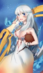 Rule 34 | 1girl, artemis (fate), bare shoulders, bear, blue eyes, blush, bow (weapon), bracelet, breasts, cleavage, dress, fate/grand order, fate (series), grey hair, highres, jewelry, long hair, open mouth, orion (bear) (fate), weapon