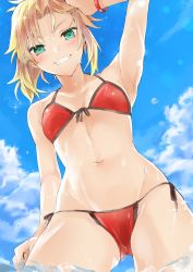 Rule 34 | 1girl, absurdres, arm up, armpits, bare arms, bare shoulders, bikini, blonde hair, blue sky, breasts, cloud, collarbone, commentary request, day, dutch angle, fate/grand order, fate (series), from below, front-tie bikini top, front-tie top, green eyes, grin, groin, highres, looking at viewer, looking down, mordred (fate), mordred (fate) (all), mordred (fate/apocrypha), mordred (swimsuit rider) (fate), mordred (swimsuit rider) (first ascension) (fate), navel, outdoors, red bikini, side-tie bikini bottom, sky, small breasts, smile, solo, swimsuit, tomozero, water, wet, wet hair