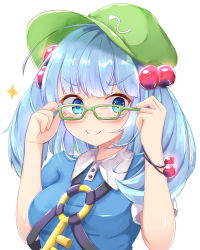 Rule 34 | 1girl, arms up, bespectacled, blue eyes, blue hair, blue shirt, bracelet, breasts, commentary request, flat cap, glasses, green-framed eyewear, green hat, hair bobbles, hair ornament, hands on eyewear, hat, jewelry, kawashiro nitori, key, looking at viewer, looking over eyewear, medium breasts, rururiaru, shirt, simple background, smile, solo, sparkle, standing, touhou, two side up, upper body, white background