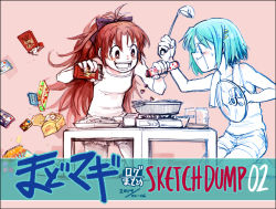 Rule 34 | 10s, 2girls, blue eyes, blue hair, brand name imitation, candy, casual, chips (food), commentary request, cooking, fangs, food, food request, hair ornament, hair ribbon, hairclip, ladle, long hair, mahou shoujo madoka magica, mahou shoujo madoka magica (anime), mahou shoujo madoka magica movie 1 &amp; 2, miki sayaka, multiple girls, open mouth, pink background, pocky, ponytail, potato chips, red eyes, red hair, ribbon, sakura kyoko, shorts, silverxp, simple background, sweatdrop, table, towel, towel around neck, wavy mouth