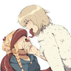 Rule 34 | 2girls, absurdres, after kiss, blonde hair, blush, body fur, chimera, covering another&#039;s eyes, dragon tail, dungeon meshi, elf, evaleen d, falin touden, falin touden (chimera), fangs, highres, long tongue, marcille donato, multiple girls, open mouth, pointy ears, saliva, saliva trail, simple background, spoilers, tail, tail wrap, tongue, upper body, yuri