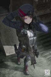 Rule 34 | 1girl, :d, ammunition pouch, artist name, assault rifle, beret, black footwear, black gloves, blue hat, boots, brown hair, camouflage, camouflage jacket, camouflage pants, earmuffs, earmuffs around neck, from above, full body, glock, gloves, grin, gun, gun sling, handgun, hat, highres, holster, imi galil, jacket, long sleeves, magazine (weapon), military, military uniform, open mouth, original, pants, pants tucked in, pouch, purple eyes, qr code, red hat, rifle, shadow, short hair, smile, solo, standing, striped clothes, striped headwear, tactical clothes, teeth, thigh holster, tom-neko (zamudo akiyuki), uniform, weapon