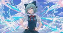 Rule 34 | 1girl, blue bow, blue dress, blue eyes, blue hair, bow, cirno, cloud, cloudy sky, dress, fairy, grin, hair between eyes, hair bow, hands on own hips, highres, ice, ice wings, kyusoukyu, puffy short sleeves, puffy sleeves, red ribbon, ribbon, shirt, short hair, short sleeves, sky, smile, solo, touhou, upper body, white shirt, wings