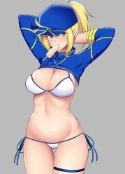 Rule 34 | 1girl, ahoge, arms behind head, arms up, artoria pendragon (fate), bad id, bad twitter id, baseball cap, bikini, blonde hair, blue eyes, blue hat, blue jacket, blush, breasts, cleavage, cowboy shot, cropped jacket, fate/grand order, fate (series), food, food in mouth, grey background, hair between eyes, hair through headwear, hat, jacket, kisaragi nana, large breasts, long hair, mysterious heroine x (fate), mysterious heroine xx (fate), navel, ponytail, popsicle, shrug (clothing), side-tie bikini bottom, simple background, solo, stomach, swimsuit, thigh strap, white bikini, zipper pull tab