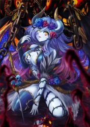 Rule 34 | 1girl, blue skin, breasts, chain, cleavage, colored skin, dashinoya, demon girl, demon horns, demon wings, eyes visible through hair, flower, glowing, glowing eye, hair ornament, hair over one eye, horns, mel (p&amp;d), open mouth, puzzle &amp; dragons, rapier, rose, sword, tattoo, weapon, wings, yellow eyes