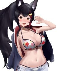 Rule 34 | 1girl, :d, absurdres, animal ear fluff, animal ears, arm behind back, arm up, bikini, bikini under clothes, black choker, black hair, black jacket, blush, breasts, brown eyes, choker, claw pose, cleavage, collarbone, commentary request, fingernails, front-tie bikini top, front-tie top, grey pants, groin, hair ornament, hairclip, halterneck, head tilt, highres, hololive, jacket, large breasts, leaf print, long hair, looking at viewer, maple leaf print, multicolored hair, navel, ookami mio, ookami mio (hololive summer 2019), open clothes, open jacket, open mouth, pants, ponytail, red hair, red jacket, side-tie bikini bottom, sidelocks, simple background, smile, solo, stomach, strap gap, streaked hair, string bikini, sweat, swimsuit, teeth, tojo aoi, upper teeth only, very long hair, virtual youtuber, white background, white bikini, wolf ears, wolf girl
