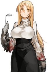 Rule 34 | 1girl, black skirt, blonde hair, blood, blood on clothes, breasts, character request, copyright request, frown, holding, ladle, large breasts, long hair, long skirt, pincers, sachito, simple background, skirt, solo, turtleneck, white background, yellow eyes