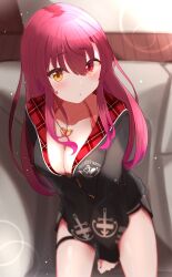 Rule 34 | 1girl, absurdres, bikini, bikini under clothes, black jacket, blush, breasts, cleavage, dolphin shorts, hair between eyes, heart, heart necklace, heterochromia, highres, hololive, hood, hoodie, houshou marine, houshou marine (summer), jacket, jewelry, large breasts, long hair, looking at viewer, necklace, nishiki yuno, o-ring, o-ring thigh strap, official alternate costume, red bikini, red eyes, red hair, short shorts, shorts, sitting, solo, swimsuit, thigh strap, virtual youtuber, white shorts, yellow eyes