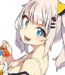 Rule 34 | 1girl, :d, bad id, bad twitter id, black bra, blue eyes, blush, bra, bra visible through clothes, breasts, bright pupils, cleavage, cloba, collarbone, drink, fangs, food in mouth, from side, hair ornament, hairclip, highres, inactive account, kaguya luna, looking at viewer, medium breasts, open mouth, scrunchie, simple background, smile, solo, strap gap, strap slip, the moon studio, twintails, underwear, upper body, virtual youtuber, white background, white hair, white pupils, wrist scrunchie