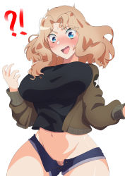 Rule 34 | 1girl, absurdres, blonde hair, blue eyes, blue shorts, blush, breasts, embarrassed, girls und panzer, highres, kay (girls und panzer), large breasts, military, military uniform, no panties, open clothes, open mouth, open shorts, saunders military uniform, short shorts, shorts, simple background, solo, tenpura32200, uniform, white background