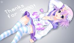 Rule 34 | 1girl, :d, blush, breasts, cameltoe, choker, cleavage, collar, d-pad, d-pad hair ornament, english text, hair ornament, helvetica std, highres, hood, hooded jacket, hoodie, jacket, jacket tug, knee up, long sleeves, looking at viewer, lying, milestone celebration, neptune (neptunia), neptune (series), no bra, on back, open clothes, open hoodie, open mouth, panties, pantyshot, partially unzipped, purple eyes, purple hair, short hair, small breasts, smile, solo, striped clothes, striped panties, striped thighhighs, thighhighs, thighs, underwear, usb, v, white choker