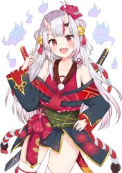 Rule 34 | 1girl, bare shoulders, bell, black kimono, collarbone, commentary request, double bun, fingernails, floral print, flower knot, gold trim, hair bell, hair bun, hair ornament, hand on own hip, hand up, highres, hololive, horns, japanese clothes, jingle bell, katana, kimono, kouhaku nawa, long hair, long sleeves, looking at viewer, mask, mask on head, multicolored hair, nakiri ayame, nakiri ayame (1st costume), obi, oni, oni mask, racchi., red eyes, red hair, ribbon trim, rope, sash, shimenawa, short kimono, side bun, silver hair, simple background, skin-covered horns, solo, spider lily print, streaked hair, sword, thighhighs, transparent background, very long hair, virtual youtuber, weapon, white background, white thighhighs, wide sleeves