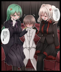 Rule 34 | 10s, 1boy, 2girls, admiral (kancolle), age difference, alternate costume, baretto (karasi07), black dress, black gloves, black legwear, blush, breasts, commentary request, dress, embarrassed, flying sweatdrops, girl sandwich, gloves, green eyes, green hair, hair ornament, hairclip, hand on another&#039;s chin, hand on another&#039;s shoulder, highres, kantai collection, kashima (kancolle), little boy admiral (kancolle), long hair, long sleeves, medium breasts, military, military uniform, multiple girls, onee-shota, pantyhose, sandwiched, silver hair, sitting, speech bubble, suzuya (kancolle), translation request, twintails, uniform, v arms, wavy hair, white gloves