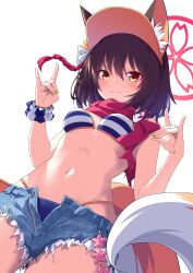 Rule 34 | 1girl, absurdres, animal ear fluff, animal ears, bikini, black hair, blue archive, blue shorts, blush, breasts, closed mouth, cowboy shot, denim, denim shorts, double fox shadow puppet, fox ears, fox shadow puppet, fox tail, halo, highres, izuna (blue archive), izuna (swimsuit) (blue archive), looking at viewer, navel, official alternate costume, open fly, pink eyes, pink halo, red scarf, scarf, short hair, short shorts, shorts, simple background, small breasts, smile, solo, striped bikini, striped clothes, swimsuit, tail, ugume, white background, yellow eyes