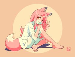 Rule 34 | 1girl, absurdres, animal ears, animal nose, artist name, bad id, bad pixiv id, barefoot, body fur, bottomless, brand new animal, feet, fox, fox ears, fox girl, fox tail, full body, furry, furry female, hand on own knee, highres, hiwatashi nazuna, huge filesize, long hair, looking at viewer, michirutnk, multicolored fur, on ground, orange background, oversized clothes, pink fur, pink hair, red eyes, shadow, shirt, snout, solo, tail, two-tone background, v, white fur, white shirt, yellow background