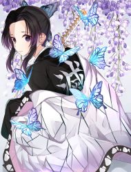 Rule 34 | 1girl, absurdres, animal, black hair, black jacket, bug, butterfly, butterfly hair ornament, closed mouth, clothes writing, flower, flower request, forehead, hair ornament, highres, insect, jacket, katana, kimetsu no yaiba, kochou shinobu, looking at viewer, looking back, multicolored hair, norazura, off shoulder, open clothes, parted bangs, purple eyes, purple flower, purple hair, sidelocks, solo, streaked hair, sword, translation request, weapon