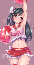 Rule 34 | 10s, 1girl, absurdres, arm up, armpits, black hair, blue eyes, blush, bow, breasts, breasts squeezed together, cheerleader, flower, gatchu, hair flower, hair ornament, hairband, highres, large breasts, long hair, looking at viewer, love live!, love live! nijigasaki high school idol club, love live! school idol festival, medium breasts, midriff, navel, one side up, pom pom (cheerleading), simple background, skirt, smile, solo, standing, sweat, thighhighs, thighs, yuki setsuna (love live!)