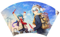 Rule 34 | 2girls, backpack, bag, bili girl 22, bili girl 33, bilibili, black legwear, blue hair, blush, braid, closed eyes, coat, copyright name, dated, food, highres, long hair, looking at another, looking away, luode huayuan, mittens, multiple girls, open mouth, orange eyes, pantyhose, power lines, red mittens, red scarf, scarf, short hair, side ponytail, smile, snow, suitcase, takoyaki, train, white hair, winter clothes, winter coat, yellow scarf
