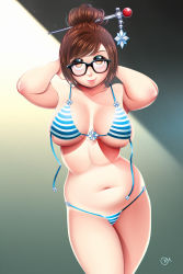 Rule 34 | 1girl, arms behind head, arms up, beads, bikini, black-framed eyewear, blue bikini, breasts, brown eyes, brown hair, closed mouth, cloudxmoe, cowboy shot, glasses, gradient background, hair bun, hair ornament, hair stick, halterneck, highres, large breasts, legs together, light particles, looking at viewer, mei (overwatch), navel, overwatch, overwatch 1, shade, signature, single hair bun, smile, snowflake print, solo, stomach, strap gap, string bikini, striped bikini, striped clothes, swept bangs, swimsuit, thick thighs, thighs, underboob, untied bikini