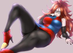 Rule 34 | 1girl, android 21, ankle boots, backlighting, black-framed eyewear, black nails, blue eyes, boots, detached sleeves, dragon ball, dragon ball fighterz, dress, earrings, eyebrows, finger to mouth, full body, high heel boots, high heels, hoop earrings, jewelry, lips, long hair, lying, multicolored clothes, multicolored dress, nail polish, on back, open mouth, panties, pantyhose, pantyshot, pink background, ring, shouji nigou, solo, thick thighs, thighband pantyhose, thighs, underwear
