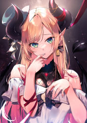 Rule 34 | 1girl, arm ribbon, bare shoulders, blonde hair, blue hat, breasts, cleavage, commentary request, demon girl, demon horns, demon tail, demon wings, earrings, finger to mouth, gradient hair, green eyes, grey nails, hat, highres, hololive, horn ornament, horn ribbon, horns, jewelry, kasumi komo, long hair, looking at viewer, multicolored hair, nail polish, off-shoulder shirt, off shoulder, parted lips, pointy ears, red hair, red ribbon, ribbon, see-through, see-through cleavage, shirt, single earring, solo, swept bangs, tail, tilted headwear, virtual youtuber, white shirt, wings, yuzuki choco