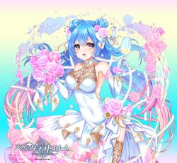 Rule 34 | 1girl, :d, bare shoulders, blue background, blue hair, blush, bouquet, bow, breasts, bridal gauntlets, champagne flute, cleavage, covered navel, cup, double bun, dress, drinking glass, flower, gradient background, gradient hair, hair between eyes, hair bow, hair bun, hair flower, hair ornament, heart, heart-shaped pupils, highres, holding, holding bouquet, holding cup, holding drinking glass, long hair, looking at viewer, medium breasts, multicolored hair, official art, open mouth, pink hair, smile, standing, symbol-shaped pupils, teltelhousi, tenkuu no craft fleet, thick eyebrows, twintails, very long hair, watermark, wedding dress, white bow, white dress