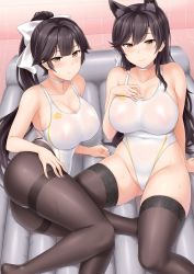 Rule 34 | 2girls, ass, atago (azur lane), azur lane, bare shoulders, black hair, blush, bow, breasts, brown eyes, choker, cleavage, closed mouth, collarbone, competition swimsuit, covered navel, extra ears, hair bow, hair flaps, hand on own thigh, highleg, highleg swimsuit, hip focus, inflatable raft, large breasts, legs, leotard, long hair, mole, mole under eye, multiple girls, one-piece swimsuit, pantyhose, pantyhose under swimsuit, ponytail, ribbon, sama samasa, see-through, smile, swept bangs, swimsuit, takao (azur lane), thighband pantyhose, thighhighs, thighs, white bow, white one-piece swimsuit, white ribbon