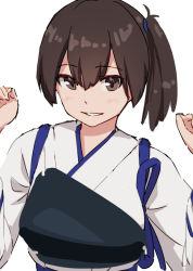 Rule 34 | 1girl, 4690 (tkpbsk), blush, breasts, brown eyes, brown hair, hair between eyes, japanese clothes, kaga (kancolle), kantai collection, looking at viewer, muneate, one-hour drawing challenge, parted lips, ponytail, side ponytail, simple background, sketch, solo, tasuki, upper body, white background