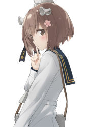 Rule 34 | anchor symbol, black ribbon, black sailor collar, blush, brown eyes, brown hair, commentary request, dress, flower, hair between eyes, hair flower, hair ornament, hand up, headgear, highres, kani biimu, kantai collection, long sleeves, looking away, looking to the side, pink flower, ribbon, sailor collar, sailor dress, simple background, sleeves past wrists, solo, tan yang (kancolle), white background, white dress, yukikaze (kancolle)