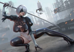 Rule 34 | 1girl, 2b (nier:automata), blindfold, boots, breasts, cleavage cutout, clothing cutout, commentary request, heattech leotard, high heel boots, high heels, highleg, highleg leotard, impossible clothes, juliet sleeves, large breasts, latex, latex boots, latex legwear, latex leotard, leotard, long sleeves, mixed-language commentary, nier:automata, nier (series), parted lips, pod (nier:automata), puffy sleeves, sade abyss, shiny clothes, signature, skin tight, superhero landing, sword, thigh boots, turtleneck, weapon, white hair, white leotard