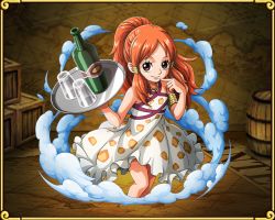 Rule 34 | 1girl, alcohol, dress, female focus, long hair, nami (one piece), official art, one piece, one piece: treasure cruise, orange hair, solo, waitress, aged down