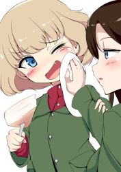 Rule 34 | 10s, 2girls, black hair, blonde hair, blue eyes, cake, commentary request, fang, food, fork, girls und panzer, green jacket, holding, holding food, jacket, katyusha (girls und panzer), long hair, long sleeves, looking at another, multiple girls, nonna (girls und panzer), one eye closed, open mouth, parted lips, red shirt, school uniform, shirt, short hair, simple background, standing, swept bangs, turtleneck, upper body, white background, wiping mouth, yottin