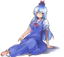 Rule 34 | 1girl, arm support, barefoot, blue dress, blue hair, blue headwear, blush, breasts, closed mouth, commentary request, dress, full body, ginnkei, hair between eyes, kamishirasawa keine, large breasts, long hair, looking at viewer, orange eyes, pinafore dress, puffy short sleeves, puffy sleeves, short sleeves, sidelocks, simple background, sitting, sleeveless dress, smile, solo, touhou, very long hair, white background, yokozuwari