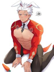 Rule 34 | 1boy, abs, animal ears, archer (fate), bara, blush, bulge, carrot, coat, collar, dark-skinned male, dark skin, fate/stay night, fate (series), feet out of frame, food, highres, large pectorals, male focus, male playboy bunny, manly, mature male, muscular, muscular male, necktie, nipples, no shirt, on floor, pectorals, rabbit ears, seum (kao husband), short hair, simple background, solo, spiked hair, vegetable, white background, white hair