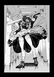Rule 34 | !, 1girl, bandaid, bandaid on leg, baseball bat, bike shorts, commentary request, full body, glasses, greyscale, hachinuki tetsuyo, highres, holding, holding baseball bat, indoors, locker, long sleeves, looking at viewer, maid, maid headdress, medium hair, monochrome, open mouth, original, solo, speech bubble, standing, teeth, thighhighs, tongue, tongue out, translation request