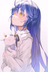 Rule 34 | 1girl, amamiya kokoro, blue hair, blush, closed mouth, commentary request, frilled sleeves, frills, grey background, hair between eyes, highres, long hair, long sleeves, looking away, nijisanji, pleated skirt, shirt, simple background, skirt, sleeves past wrists, smile, solo, sutei (arece15), very long hair, virtual youtuber, white shirt, white skirt, yellow eyes