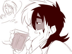 Rule 34 | 1boy, bad id, bad pixiv id, black jack (character), black jack (series), close-up, cup, drinking, drinking glass, greyscale, kiriko (black jack), male focus, monochrome, multicolored hair, pinky out, profile, ryanpei, scar, short hair, simple background, solo, split-color hair, thought bubble, two-tone hair, white background