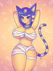 Rule 34 | animal, animal crossing, animal ears, ankha (animal crossing), areola slip, armpits, blue eyes, blue eyeshadow, blue hair, blush, breasts, cat, cat ears, cat girl, cat tail, curvy, egyptian, egyptian clothes, eyeshadow, furry, furry female, highres, large breasts, makeup, mummy, mummy costume, nintendo, procreate (medium), tail, thick thighs, thighs, wrapping, yellow background, yellow fur, zharxart