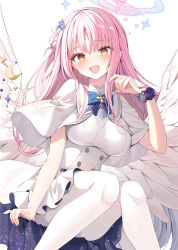 Rule 34 | 1girl, blue archive, blue wrist cuffs, dress, highres, long hair, looking at viewer, mika (blue archive), open mouth, pink hair, smile, solo, white dress, wrist cuffs, yellow eyes, yon (letter)