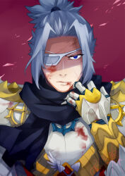 Rule 34 | 1boy, armor, black scarf, blood, blood on clothes, blood on face, blue eyes, blue hair, breastplate, closed mouth, commentary request, eizennn, eyepatch, gauntlets, high ponytail, looking at viewer, male focus, parted bangs, pauldrons, ragnarok online, royal guard (ragnarok online), scarf, serious, shaded face, short hair, shoulder armor, solo, upper body, v-shaped eyebrows