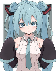 Rule 34 | 1girl, :o, ahoge, bare shoulders, black sleeves, blouse, blue eyes, blue hair, blue necktie, breasts, collared shirt, detached sleeves, grey background, hair between eyes, hands up, hatsune miku, highres, long hair, long sleeves, looking at viewer, maud0239, medium breasts, necktie, parted lips, shirt, sleeveless, sleeveless shirt, sleeves past fingers, sleeves past wrists, solo, twintails, two-tone background, upper body, very long hair, vocaloid, white background, white shirt